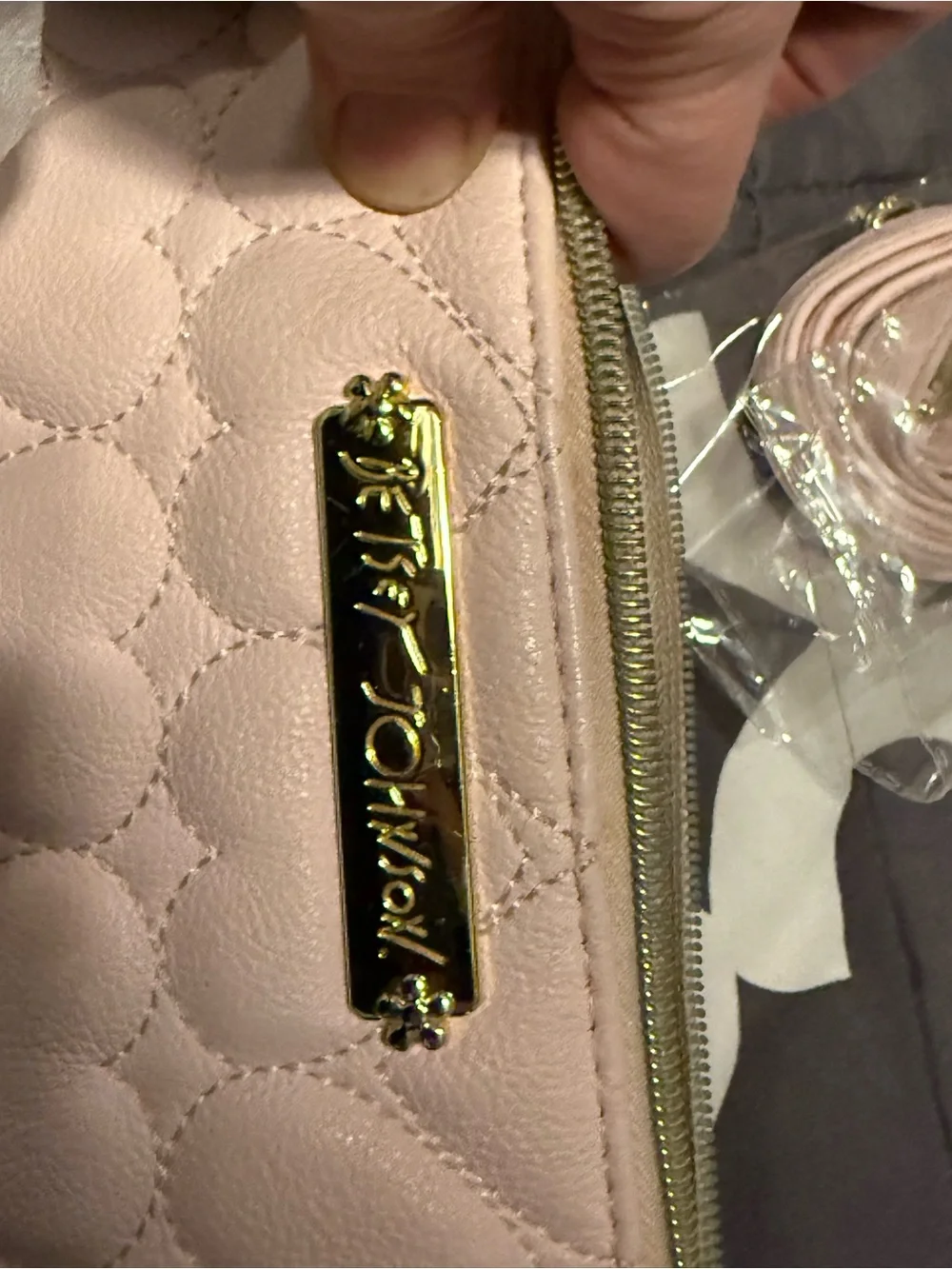 Betsey Johnson blush pink quilted heart wristlet with gold plaque